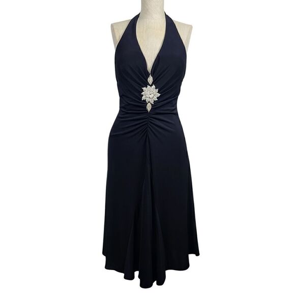 La Femme Dress 2 Black Stretch Ruched Jeweled Sleeveless Evening Occasion Halter - Picture 1 of 6